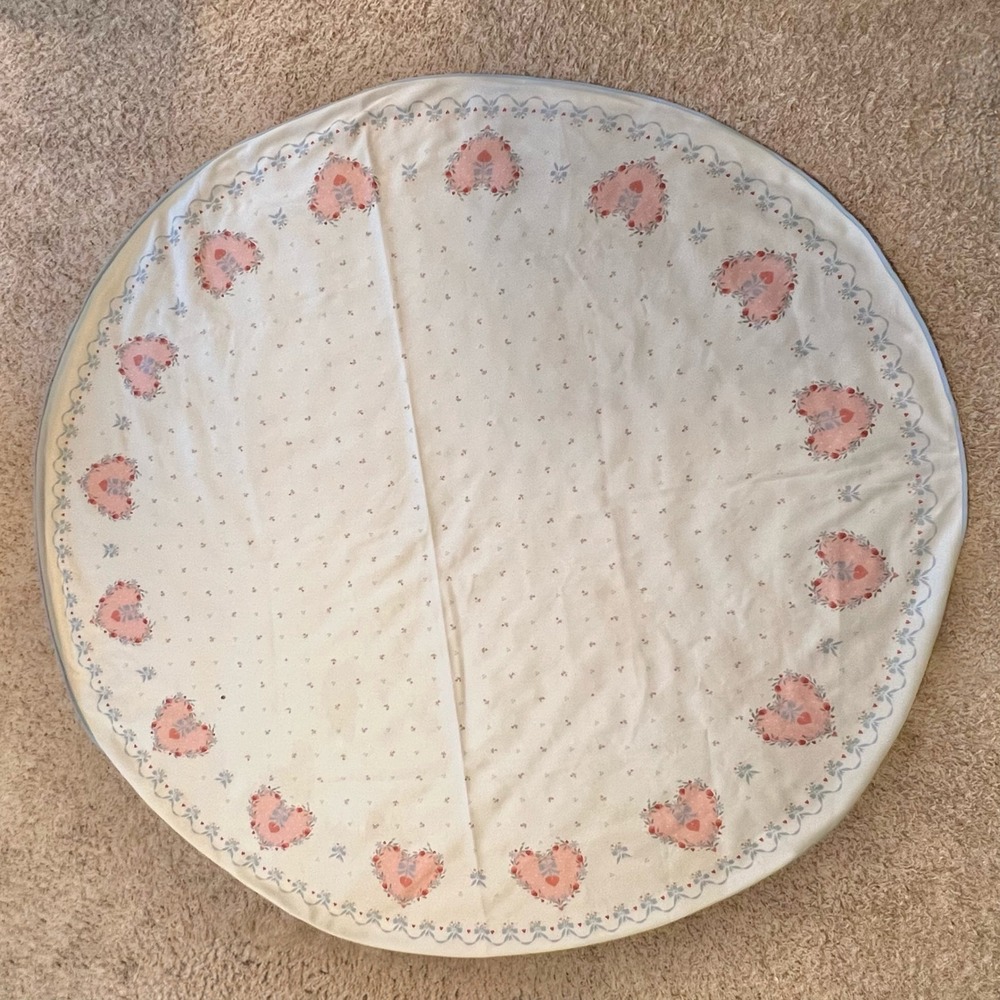 Vintage Round Tablecloth Pink Hearts Floral Cottagecore 60 Inch Diameter Cream